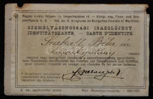 1927 Magyar kir. folyam- és tengerhajózási Rt.: Szakáll Béla hajóskapitányának fényképes személyi ig...