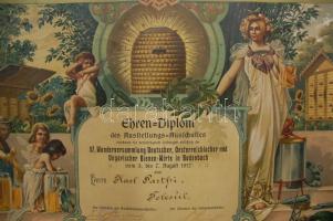 1912 Litho méhész-diploma (sérült) / 
1912 LIthographic apiarist diploma (damaged) 50x40 cm