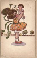 Italian art postcard, Girl with a doll, Anna &amp; Gasparini 517-1. s: N. Azzoni (small tear)