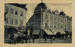 Arad Andrássy square, Café Central, Hotel of Rónai János, Shop of Lázár Gyula, Shop of Bloch H., Shop of Kriegler D. (gluemark)