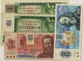 Csehszlovákia 1993. cseh és szlovák bélyegekkel felülragasztott csehszlovák bankjegy 4db T:II,III