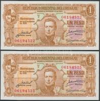 Uruguay 1939. 1P (2x) egymáshoz közeli sorszámok T:I Uruguay 1939. 1 Peso (2x) serial numbers close to each other C:Unc