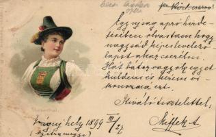 1899 Tirol folklore, Pustertal, litho (wet damage)