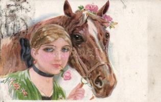 Hölgy lóval s: Usabal, Woman with horse s: Usabal