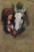 Woman with horse, artist signed