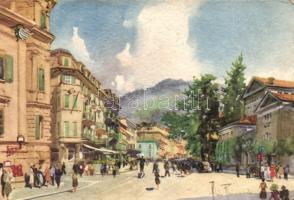 Merano, Meran; Teatro e Corso Principe Umberto / corso, theatre, artist signed (EB)