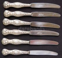 1840-1866 6db altwien kés Solingeni éllel és 13 latos jelzésű ezüst (Ag) nyéllel / 6 Altwien knifes with Solingen edge and silver handle 17,5cm 160gr