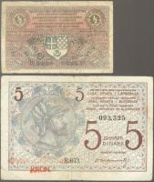 Jugoszlávia 1919. 1/2D + 5D 20K felülnyomással T:III
Yugoslavia 1919. 1/2 Dinara + 5 Dinara with &qu...