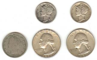 Amerikai Egyesült Államok 1905. 5c + 1927/42. Dime Ag (2x) + 1957/63. 1/4$ Ag (2x) T:2,2-,3 
USA 190...