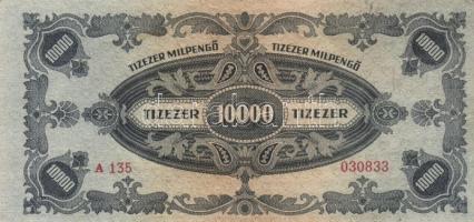 1945-46. 10.000P bélyeggel + 10.000MP + 10.000BP elcsúszott előlapi nyomat + 100.000MP + 100.000BP T...