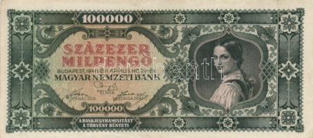 1945-46. 10.000P bélyeggel + 10.000MP + 10.000BP elcsúszott előlapi nyomat + 100.000MP + 100.000BP T...