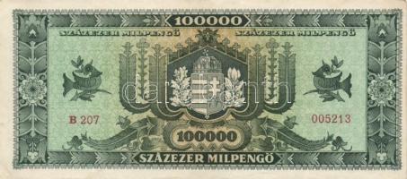 1945-46. 10.000P bélyeggel + 10.000MP + 10.000BP elcsúszott előlapi nyomat + 100.000MP + 100.000BP T...