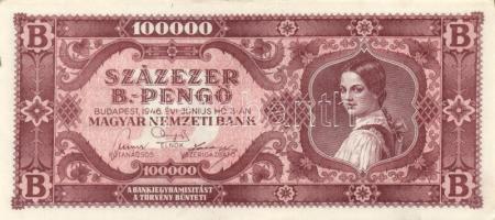 1945-46. 10.000P bélyeggel + 10.000MP + 10.000BP elcsúszott előlapi nyomat + 100.000MP + 100.000BP T...