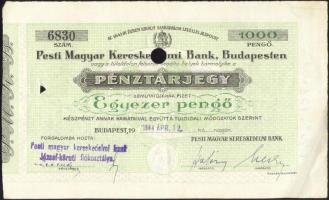 Budapest 1944. A Pesti Magyar Kereskedelmi Bank pénztárjegye 1000P-ről lyukasztott T:II