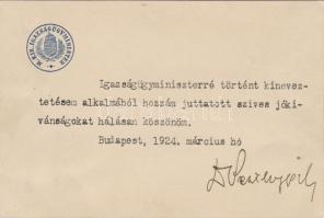 1924 dr Szenthy Pál igazságügyminiszter aláírás köszönőkártyán