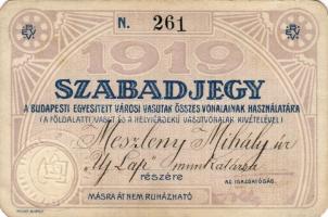 1919 Szabadjegy Bp. Egyesített Városi Vill. Vasutak vonalaira