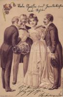 Lady and three gallant, litho