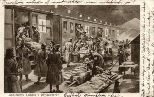 Military, wounded soldiers at the station, red cross (EB)