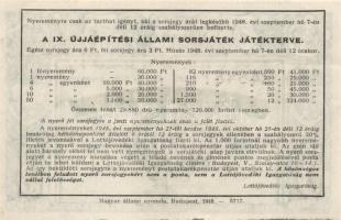 Budapest 1948. Fél sorsjegy a IX. újjáépítési állami sorsjátékra (60.000Ft főnyereményre) T:II(hajta...