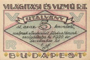 Budapest 1919-25. "Világítási és Vízmű R.T." 20f, 50f, 1K, 2K, 5K, 10K T:I