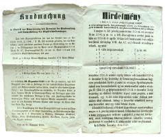 ~1760-1858. Mária Terézia uralkodásának idejéből és az azt követő időszakból származó rendelet illetve tájékoztató jellegű hirdetmény gyűjtemény az újonnan bevezetett és bevonásra kerülő fizetőeszközök elfogadásának, váltásának és határidejének feltételeiről, mellékelt éremképekkel dukátokról, krajcárokról és egyéb névértékű fémpénzekről, banki kiadvánnyal bankjegyekről, magyar-német és latin nyelveken, szép állapotban ~1760-1858. Collection of decrees and announcements of Maria Theresia about the legal currencies with the pictures of the coins such as ducat, kreuzer and other metal coins besides a brochure of the bank about banknotes in Hungarian/German and Latin, in nice condition.