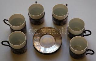 cca 1910 Hibátlan ezüstözött alpakka kávéskészlet 6 db porcelán csésze alpakka tartóban /  cca 1910 Silver plated alpakka coffe set. 6 china cups in alpacca coating