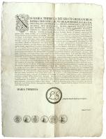 1774. Mária Terézia nagy méretű hirdetménye, rendelete és előírásai a Szászországi II. Ernst Lajos 1/3 és 2/3 Tallérjával (Daveport 2724.) kapcsolatban, nagyon szép állapotban (A1 méret) 1774. Announcement, decree and formulas of Maria Theresia about the 1/3 and 2/3 Thaler of Louis Ernst II of Saxony, in nice condition (size A1)