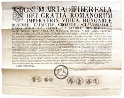 1774. Mária Terézia nagy méretű hirdetménye, rendelete és előírásai az Olaszországi milánói Scudoval - Zecchinoval (Friedberg 735.) kapcsolatban, nagyon szép állapotban (A1 méret) 1774. Announcement, decree and formulas of Maria Theresia about the Italian / Milan Scudo - Zecchino, in nice condition (size A1)