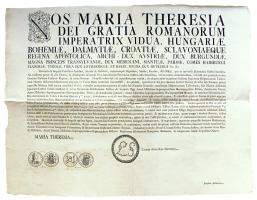 1772. Mária Terézia nagy méretű hirdetménye, rendelete és előírásai a Mexikói 1772. III. Károly 8 Reallal és az 1758-as VI. Ferdinánd 8 Reallal kapcsolatban, nagyon szép állapotban (A1 méret) 1772. Announcement, decree and formulas of Maria Theresia in connection with the Mexican coins (8 Reals/6 Reals) of Charles III and Ferdinand VI, in very good condition (size A1)