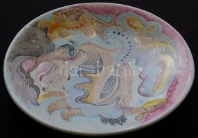 1981 Simó jelzéssel: egyedi mintázatú kézzel festett dísztányér d: 30cm