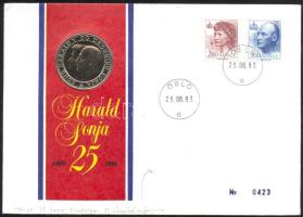 Norvégia 1993. "Ezüstlakodalom Harald és Sonja" fém emlékérem, érmés bélyeges borítékon, alkami bélyegzővel T:PP Norway 1993. "Silver Jubilee of Harald and Sonja" medallic letter with stamps C:PP