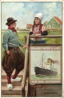 Dutch folklore, national costume and advertisement of a steamship, New York - Rotterdam line (small tear)