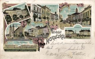 1899 Miskolc Városháza, Színház, Kereskedelmi kamara, Rudolf laktanya, Tüzérségi laktanyák, litho (EK)