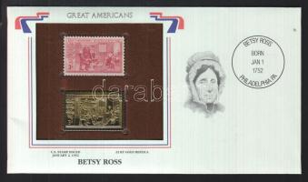 Amerikai Egyesült Államok/Nagy Amerikaiak 1952. Betsy Ross 3c- 22K aranyfóliás bélyeg replika és bélyeg borítékban angol nyelvű tájékoztatóval T:1 USA/Great Americans 1952. Betsy Ross 3c-22K gold foil stamp replica and stamp in envelop with information C:Unc