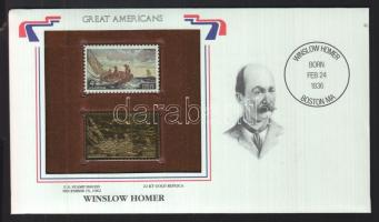 Amerikai Egyesült Államok/Nagy Amerikaiak 1962. Winslow Homer 4c- 22K aranyfóliás bélyeg replika és bélyeg borítékban angol nyelvű tájékoztatóval T:1 USA/Great Americans 1962. Winslow Homer 4c-22K gold foil stamp replica and stamp in envelop with information C:Unc