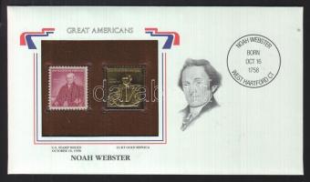 Amerikai Egyesült Államok/Nagy Amerikaiak 1958. Noah Webster 4c- 22K aranyfóliás bélyeg replika és bélyeg borítékban angol nyelvű tájékoztatóval T:1 USA/Great Americans 1958. Noah Webster 4c-22K gold foil stamp replica and stamp in envelop with information C:Unc