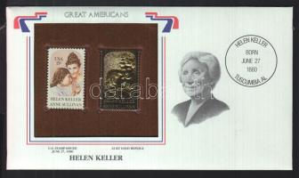 Amerikai Egyesült Államok/"Nagy Amerikaiak" 1980. "Helen Keller 15c"- 22K aranyfóliás bélyeg replika és bélyeg borítékban angol nyelvű tájékoztatóval T:1 USA/"Great Americans" 1980. "Helen Keller 15c"-22K gold foil stamp replica and stamp in envelop with information C:Unc