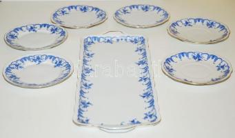 6 személyes kézzel festett virágmintás háború előtti pajzspecsétes sorszámozott Zsolnay süteményes készlet / Complete hand-painted Zsolnay chinaware dessert plate set