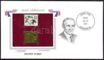 Amerikai Egyesült Államok/&quot;Nagy Amerikaiak&quot; 1968. &quot;Henry Ford 12c&quot;- 22K aranyfóliás bélyeg replika és bélyeg borítékban angol nyelvű tájékoztatóval T:1 &lt;br/&gt;USA/&quot;Great Americans&quot; 1968. &quot;Henry Ford 12c&quot;-22K gold foil stamp replica and stamp in envelop with information C:Unc