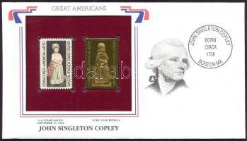 Amerikai Egyesült Államok/&quot;Nagy Amerikaiak&quot; 1965. &quot;John Singleton Copley 5c&quot;- 22K aranyfóliás bélyeg replika és bélyeg borítékban angol nyelvű tájékoztatóval T:1 USA/&quot;Great Americans&quot; 1965. &quot;John Singleton Copley 5c&quot;-22K gold foil stamp replica and stamp in envelop with information C:Unc