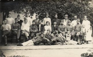 Military WWI Red Cross nurses, soldiers, children, group photo (small tear)