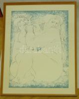 Amerigo Tot (1909-1984): Fésülködő nők, litográfia, jelzett, dedikált, üvegezett keretben 60x80cm