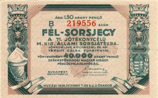 1938. 1,50 arany pengő Fél-sorsjegy T:II