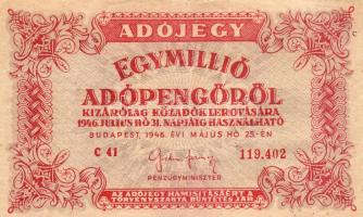 1946. 1.000.000Adóp. fordított címerrel, 6 jegyű folyószámmal T:II