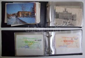 Egy nagy doboz (kb. 500 db) vegyes modern képeslap, közte műbőr fedelű berakók, ill. leporellók