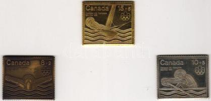 Kanada 1975. "Montreal-Olympia" bélyeg formájú emlékveretek arany 23,33g, ezüst 15,55g, bronz 15,55g T:PP,BU számozva, hozzávaló fa díszdobozban