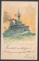 1899 SM Panzer ship Kaiser Friedrich III, artist signed, Meissner & Buch litho