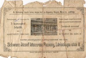 1923 Schwarz József látszerész üzletébe szóló szemüvegvény (sérült)