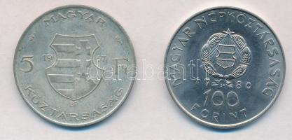 1947. 5Ft Ag "Kossuth" + 1980. 100Ft "Szovjet-magyar közös űrrepülés" T:2-,BU