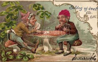 New Year dwarf, card game, mushroom, litho, silkcard, EMB.